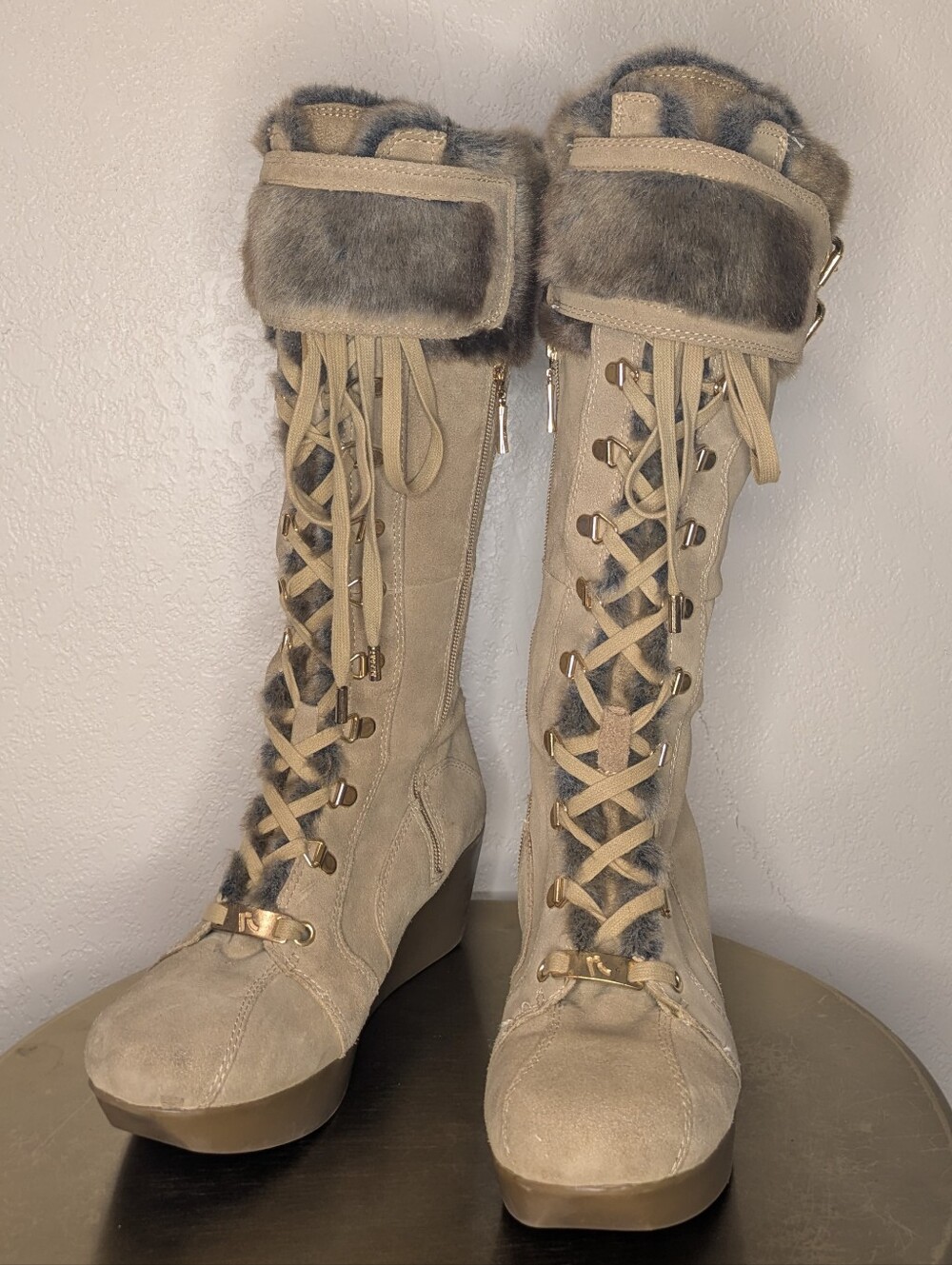 Vintage Report Cascade Tan Suede Faux Fur Lace Up Platform Wedge Boots Size 10